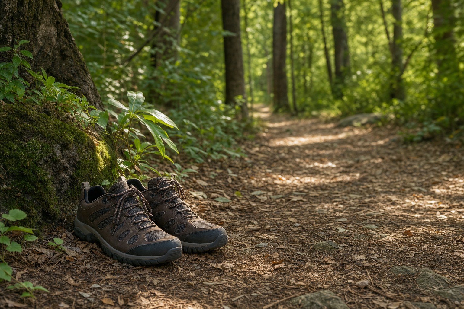 Walking shoes beside a quiet woodland path