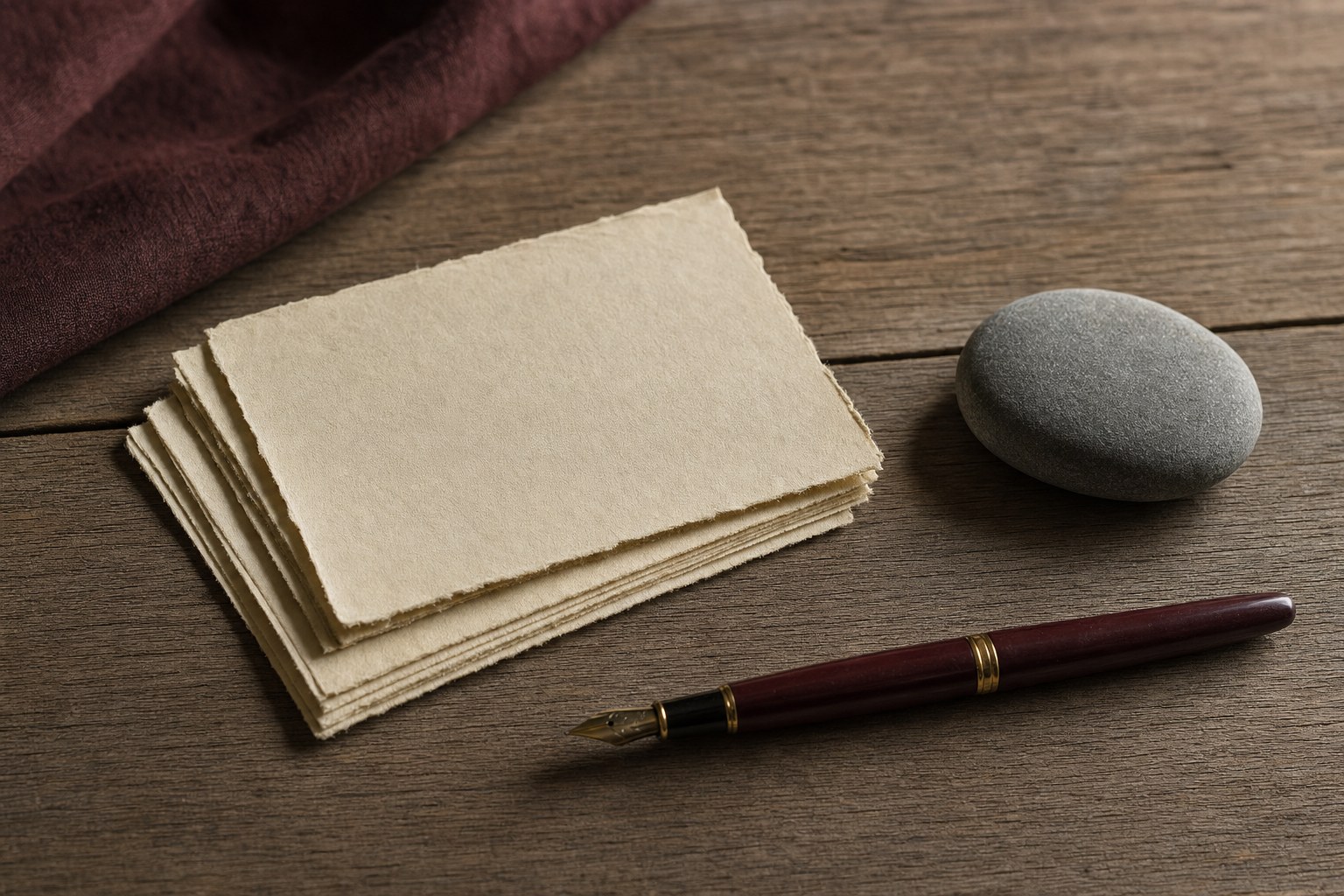 Blank note cards, fountain pen and smooth stone on a wooden table
