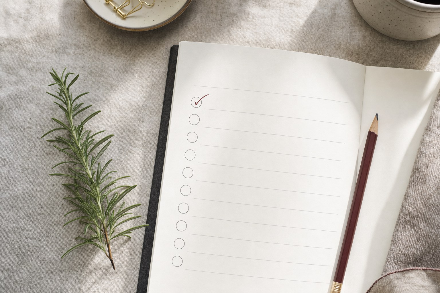 Open planner with a checked circle, pencil and rosemary on linen