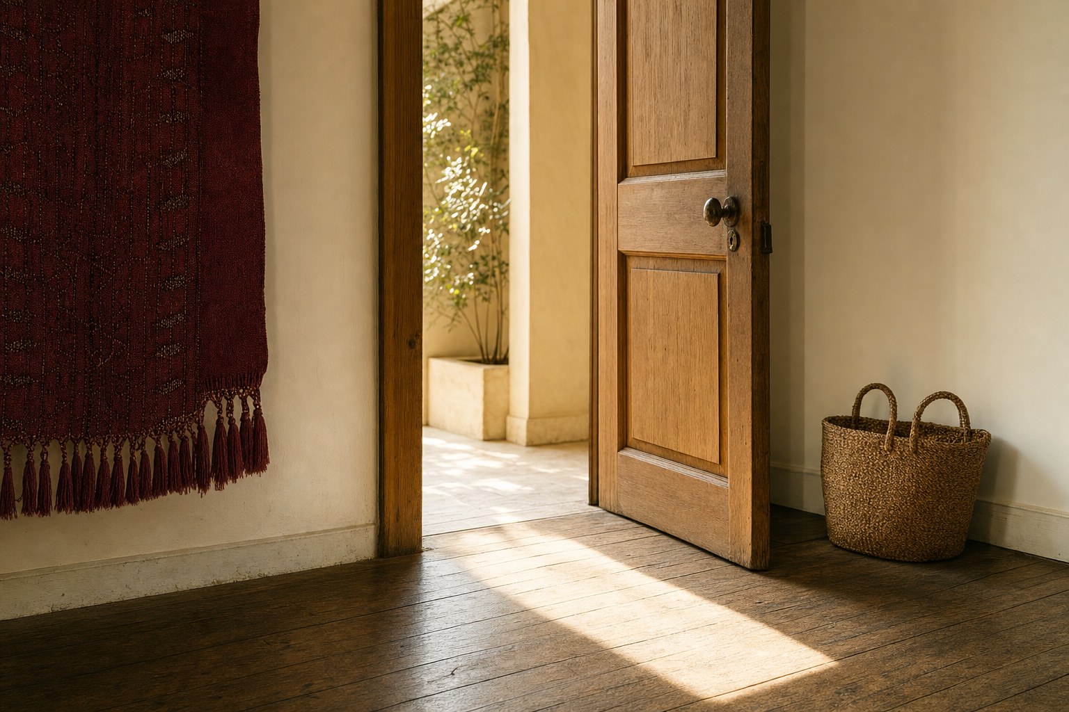 Partially open wooden door with warm light across the floor