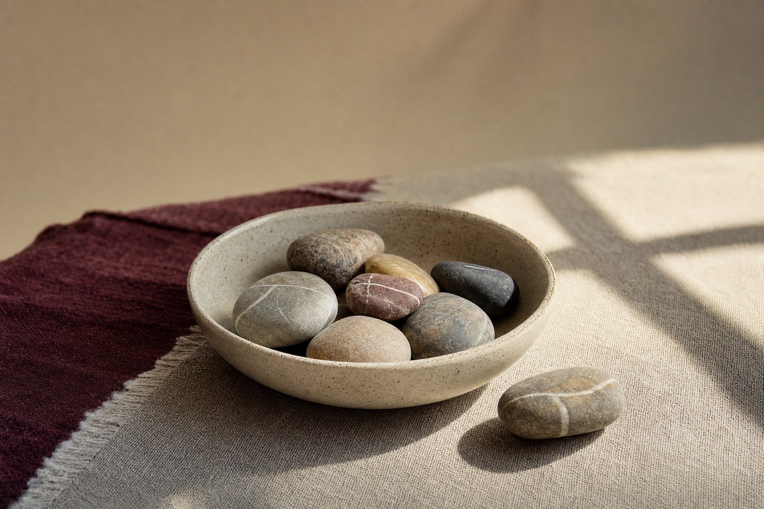 Smooth stones gathered in a ceramic bowl