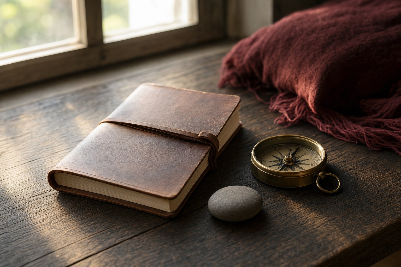 Leather journal, brass compass and smooth stone on a wooden table