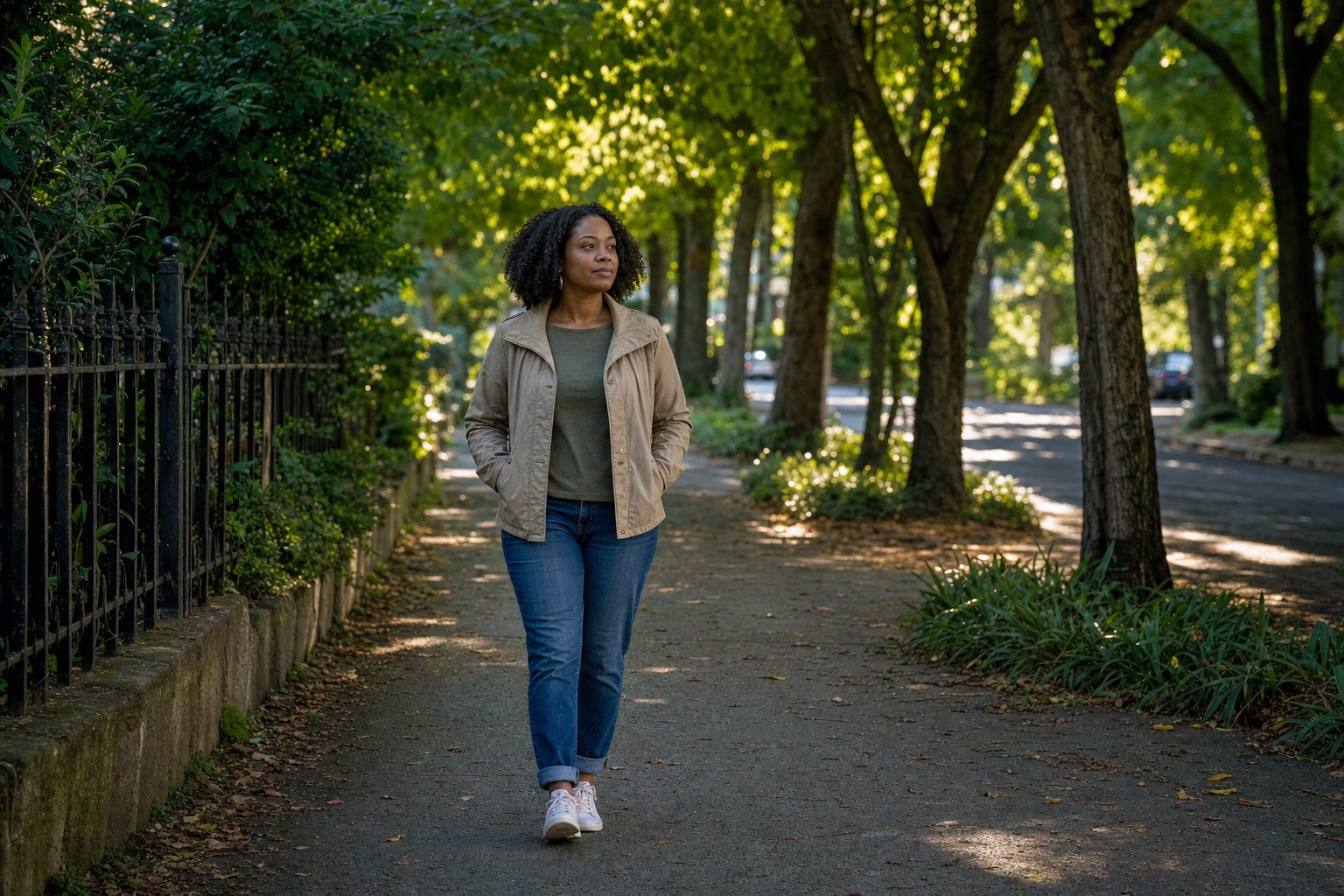 Black woman taking a reflective walk on a tree-lined path