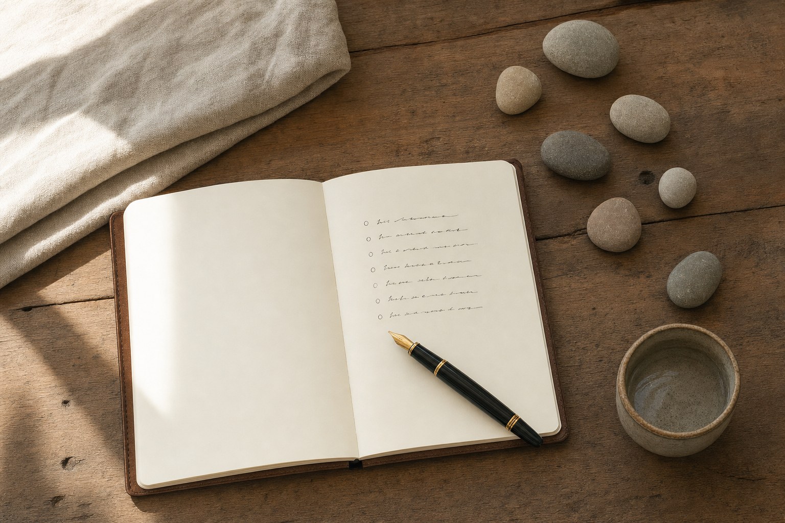 Open journal, fountain pen, tea cup and smooth stones on a wooden table