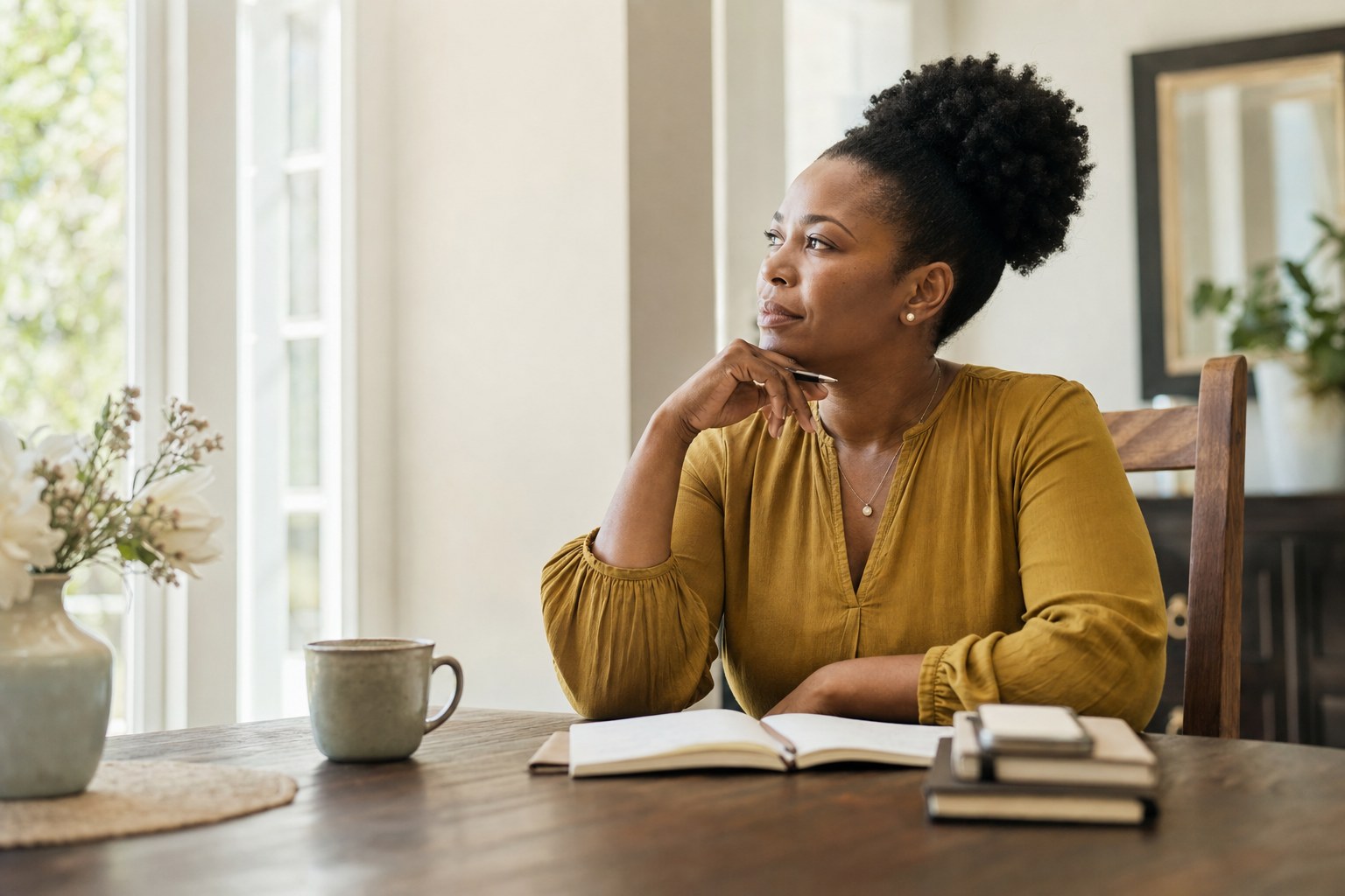 A Black woman seated at a table with a journal, pausing thoughtfully