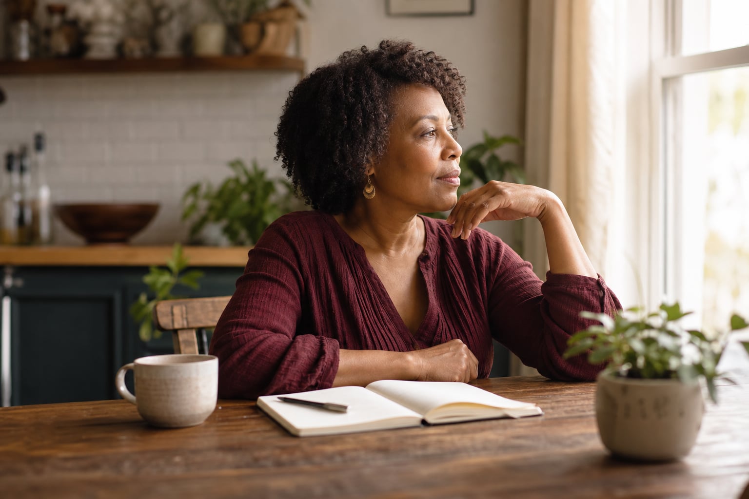 Woman reflecting beside an open journal at a sunlit kitchen table