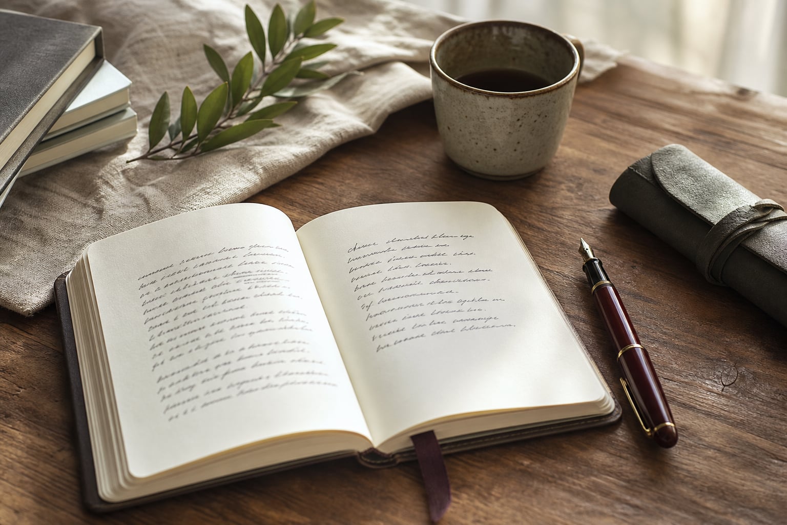 Open journal and fountain pen on a wooden table