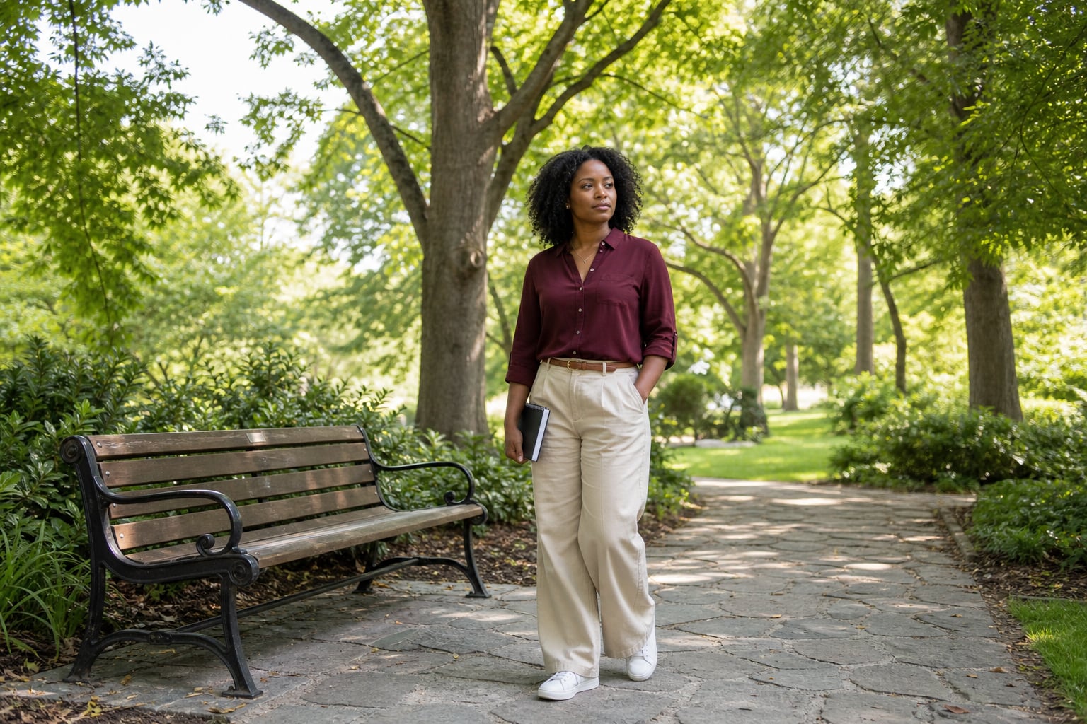 Woman pausing on a leafy park path with a small notebook