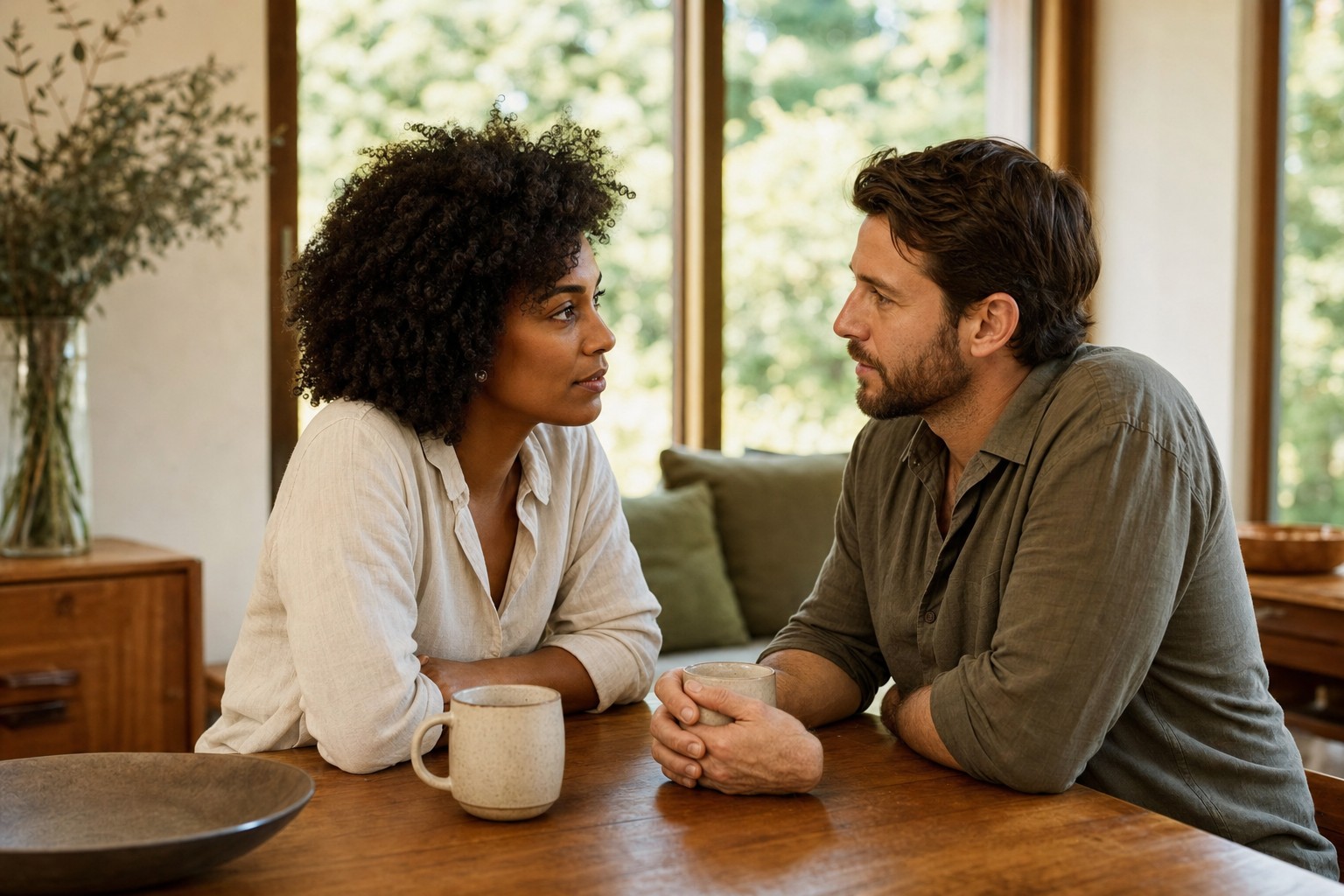 Couple having a calm conversation at a wooden table