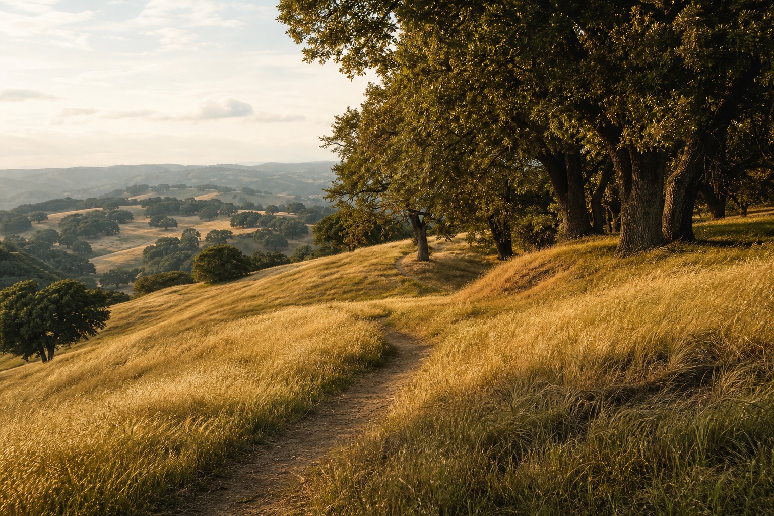 A winding path through golden grass beneath mature oak trees