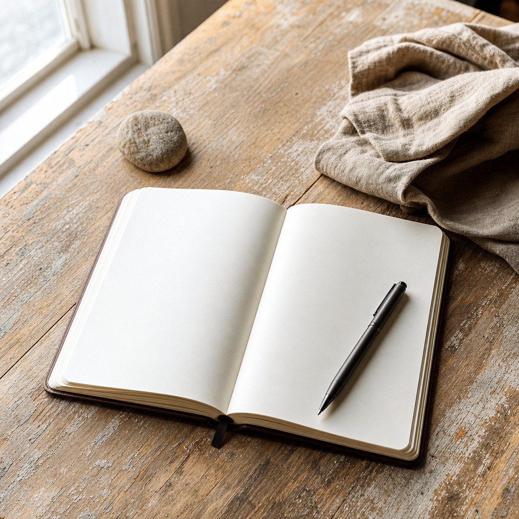 An open blank journal and pen on a sunlit wooden table