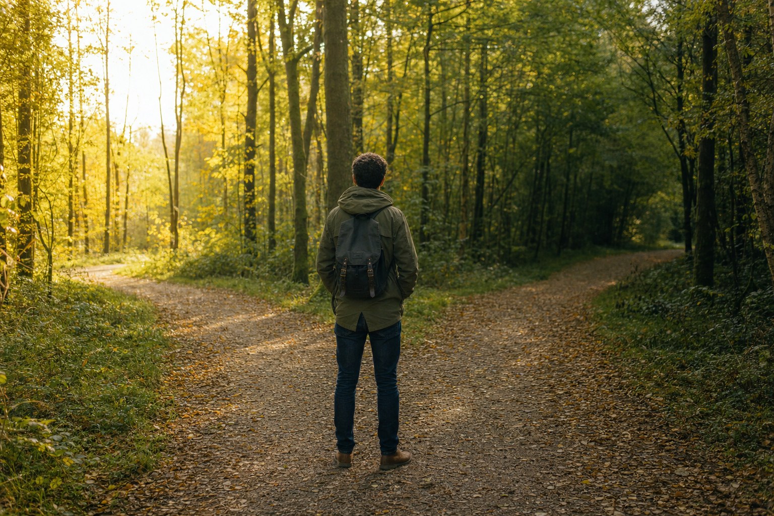 A person pausing at a fork in a sunlit wooded path