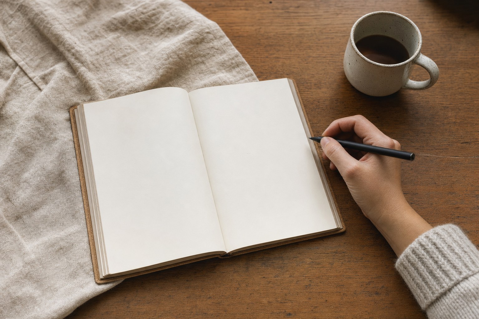 Open journal and pen on a warm wooden table