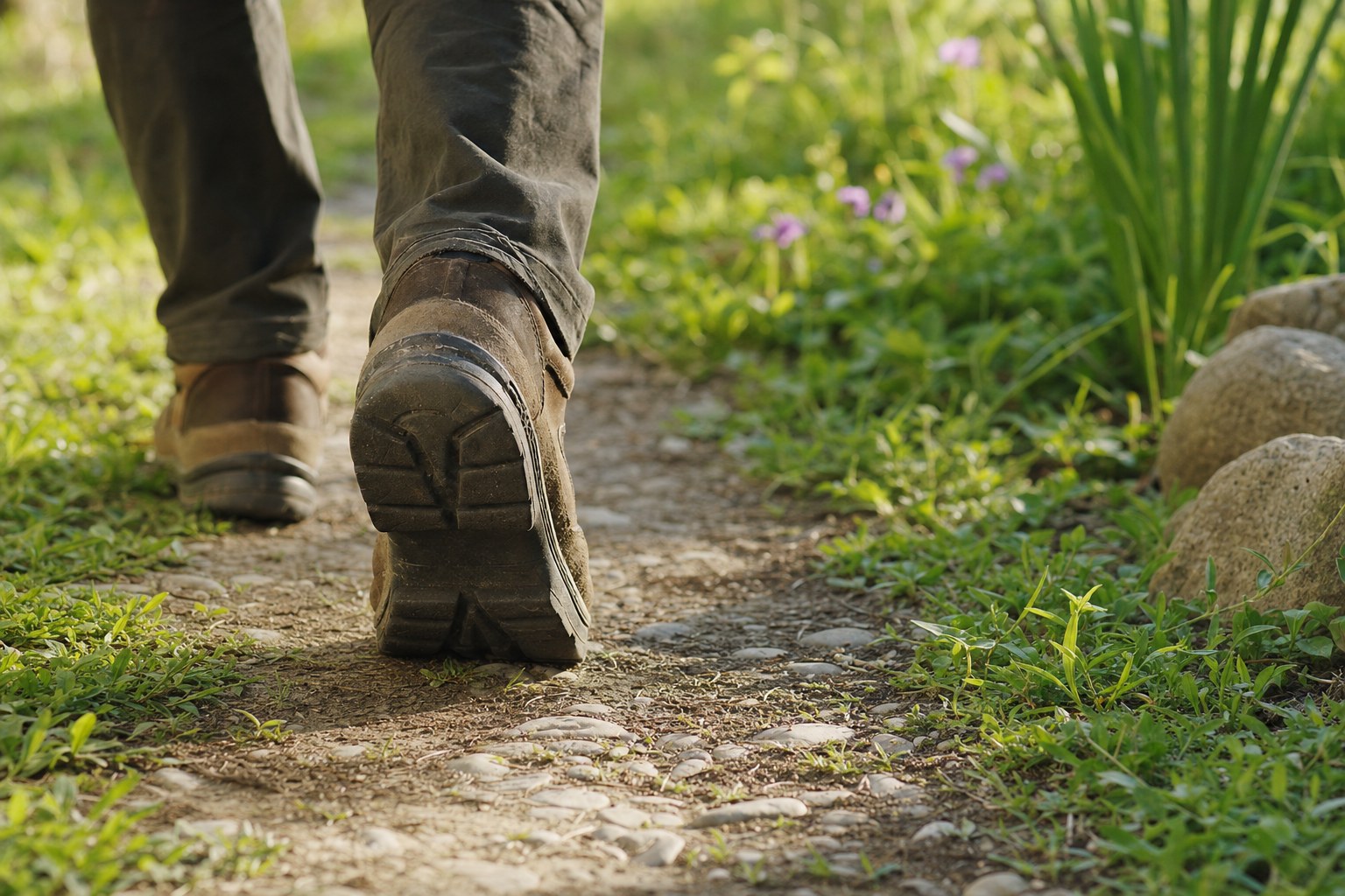 Walking shoes taking a measured step along a garden path