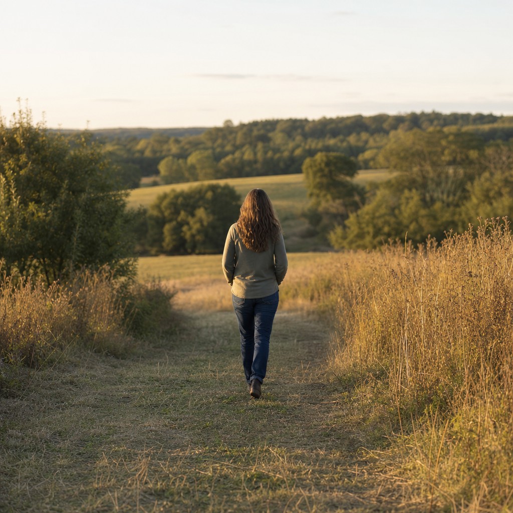 Person walking alone on a grassy path at golden hour