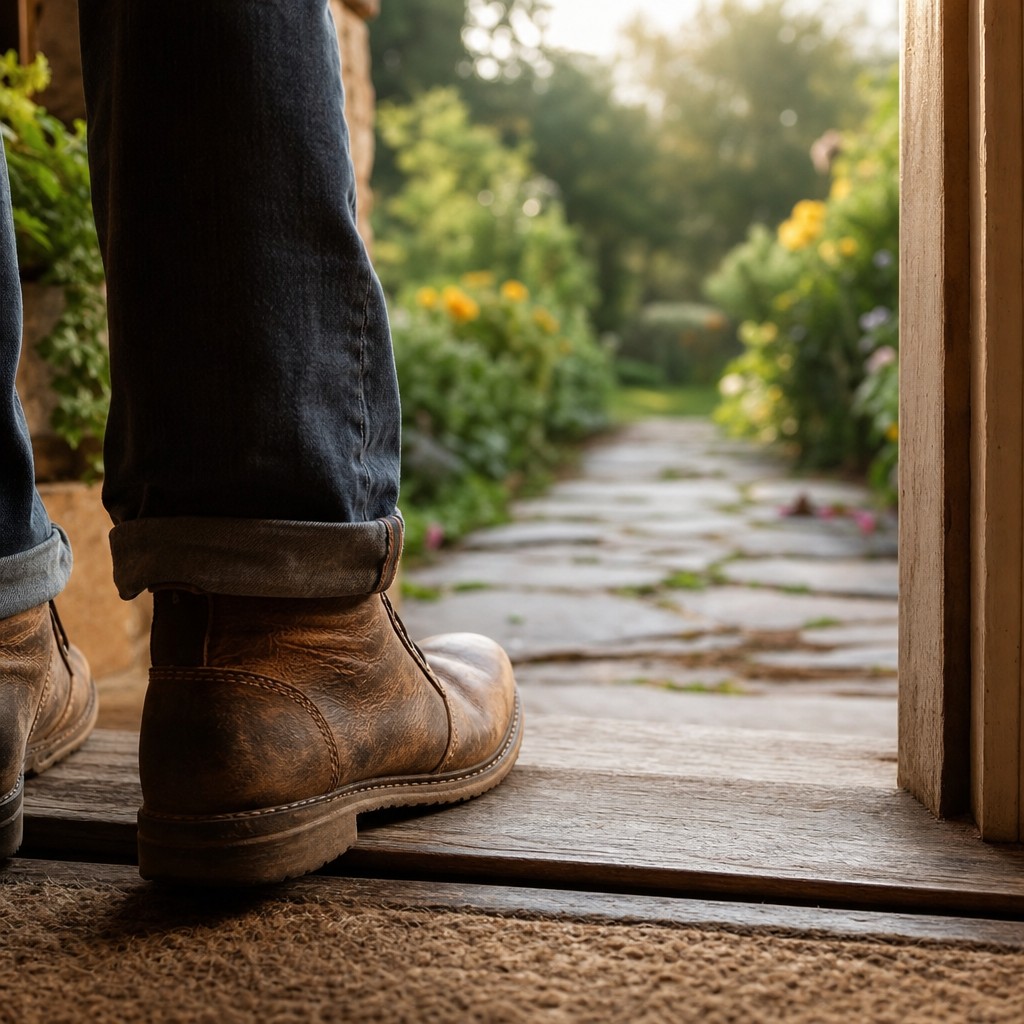 Boots at the threshold of a doorway opening to a garden path