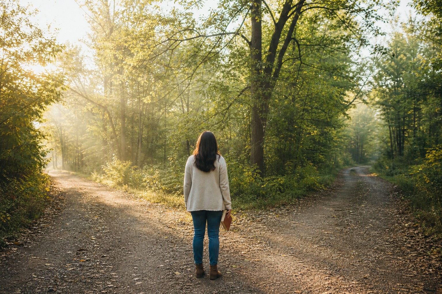 Person standing at a fork in a quiet wooded path