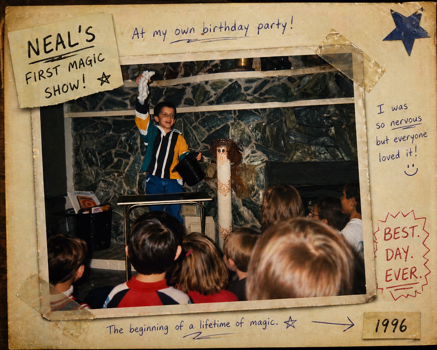 A young Neal Chamberlain performing magic at his own birthday party in 1996
