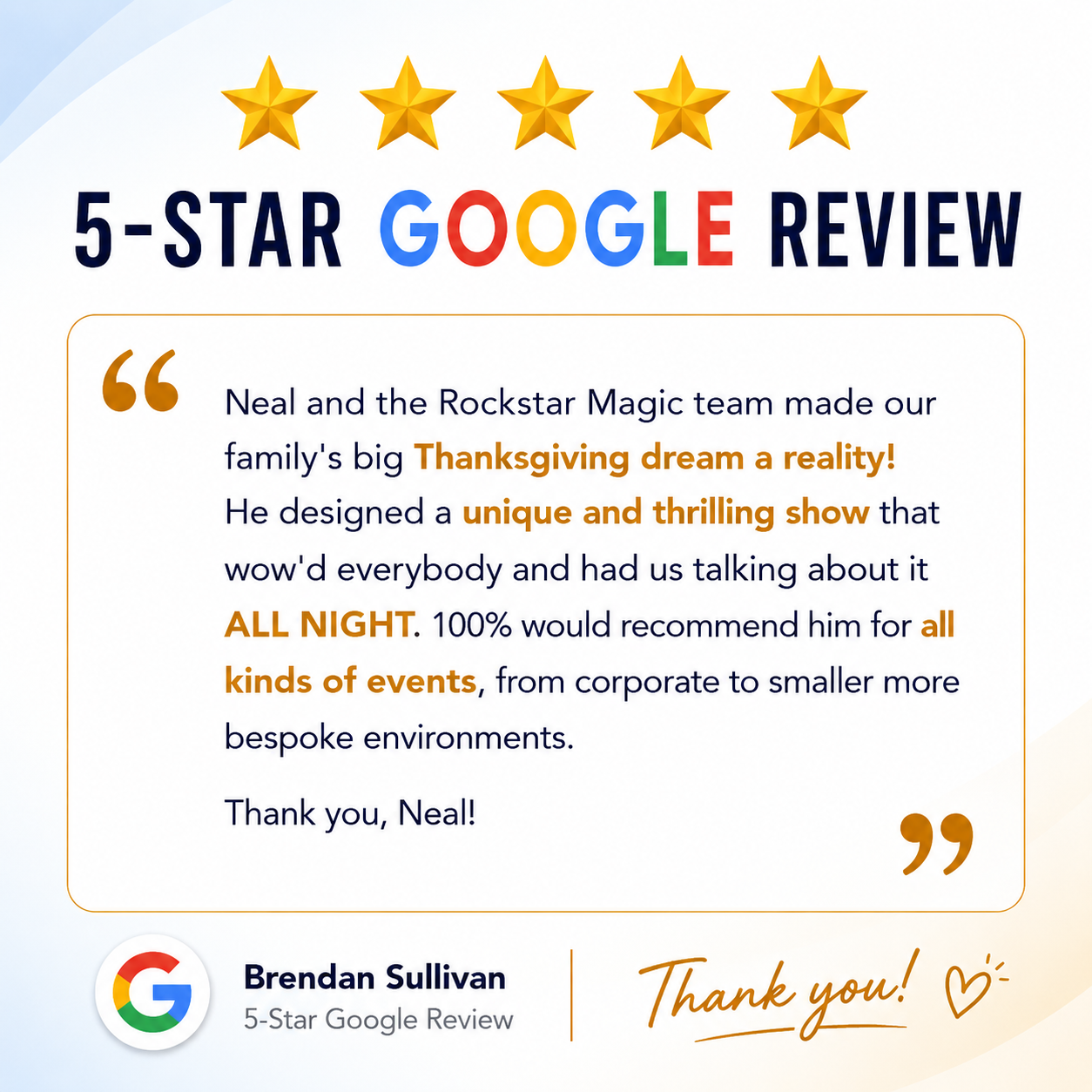Five-star Google review from Brendan Sullivan