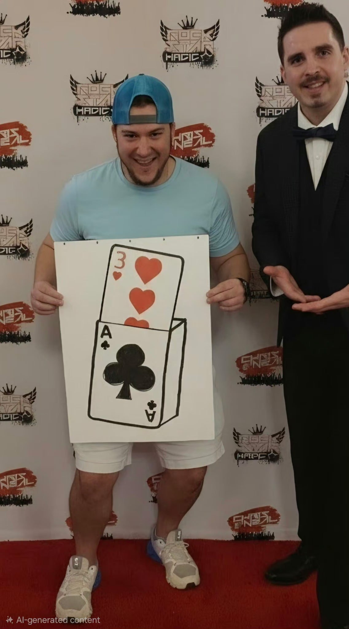 Neal Chamberlain posing with a smiling volunteer on a red carpet after a live show