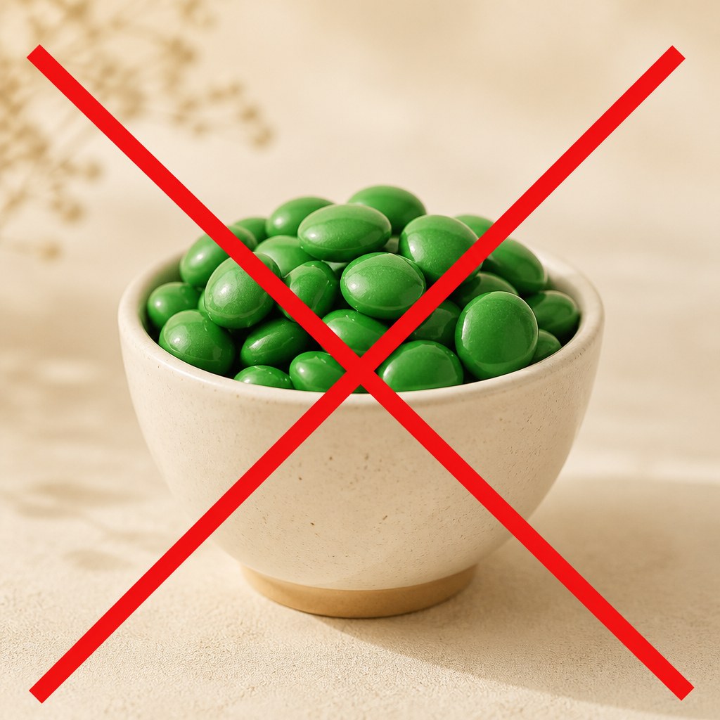 A bowl of green candy-coated chocolates with a red X over it