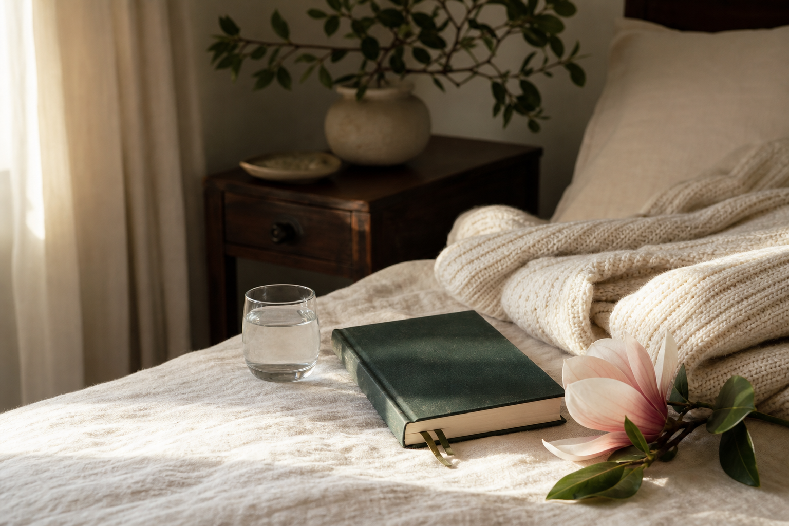 A journal, glass of water, and folded blanket beside a magnolia bloom