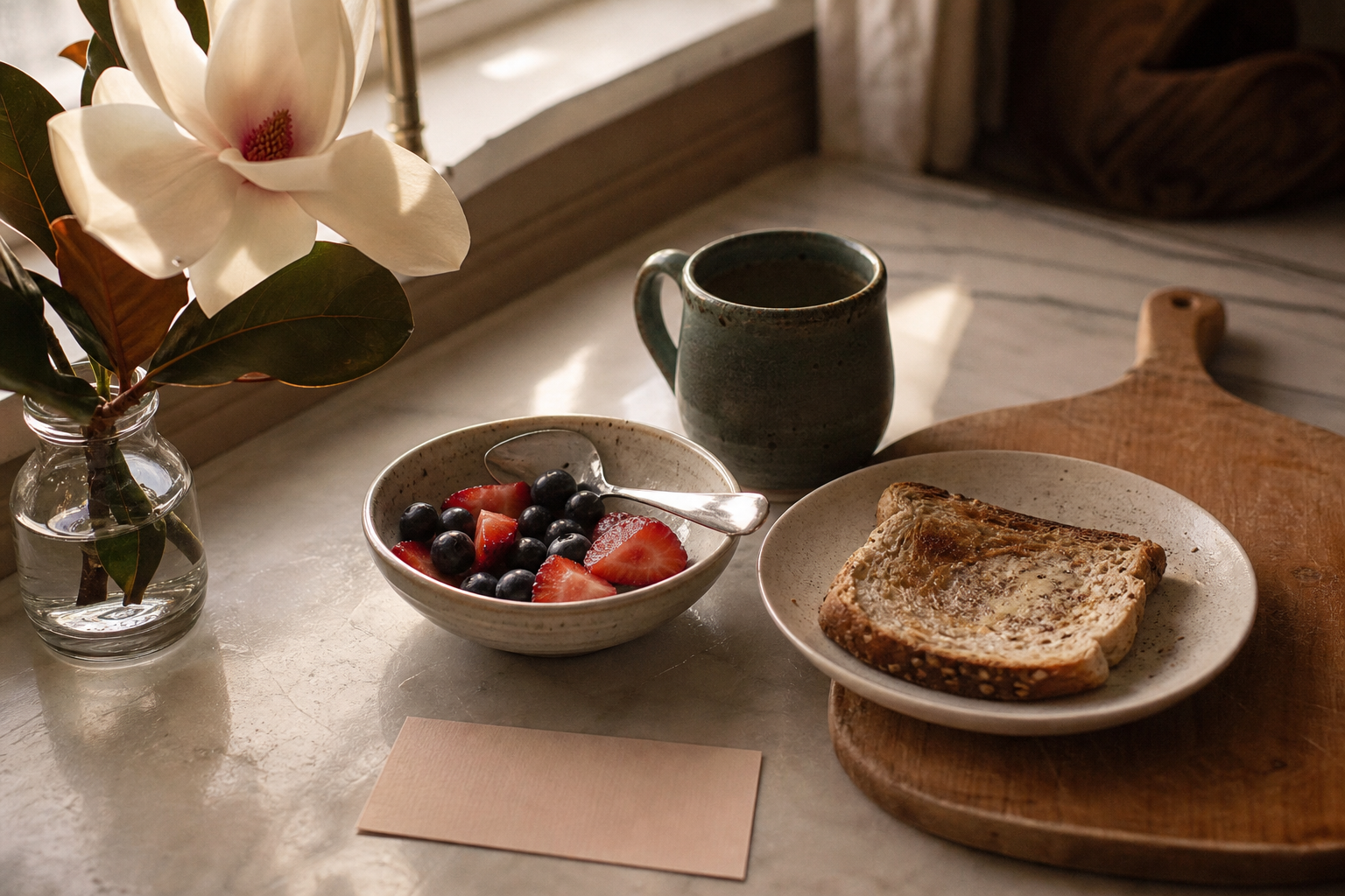 A simple breakfast, warm mug, and magnolia bloom in morning light