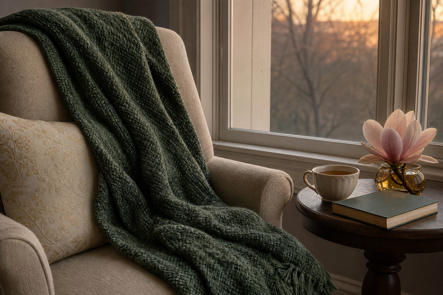 A quiet chair with an evergreen blanket, tea, and a magnolia bloom near a window