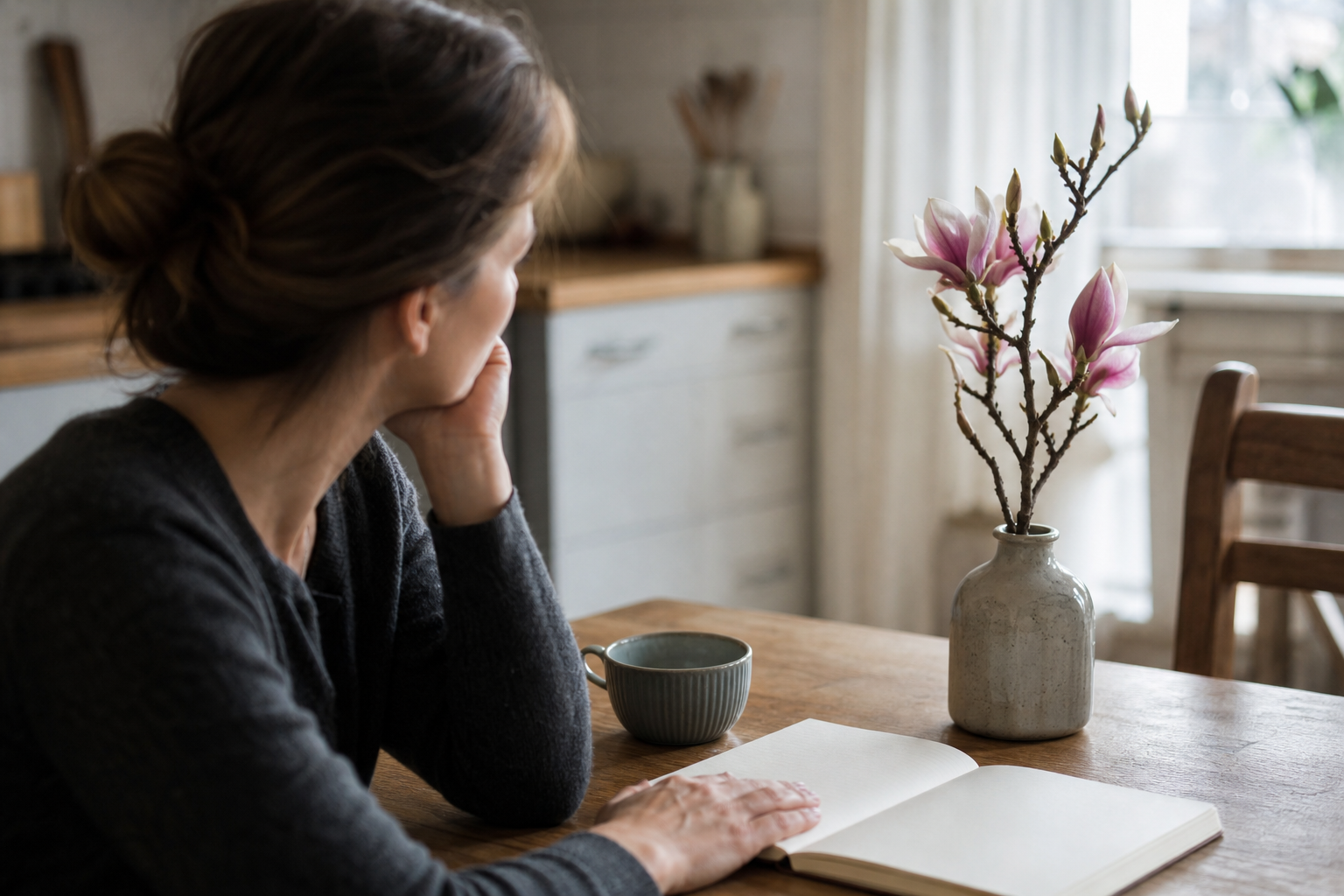 A person sitting quietly at a kitchen table beside an open journal