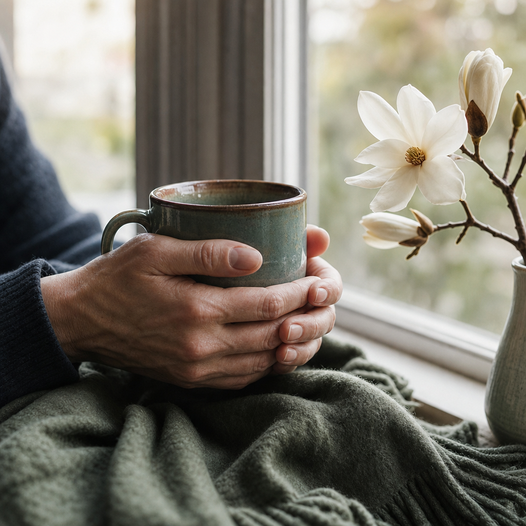 Hands holding a warm mug beside a green blanket and magnolia blooms