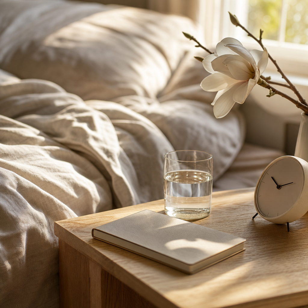 A bedside table with water, a journal, a clock, and a magnolia bloom in morning light