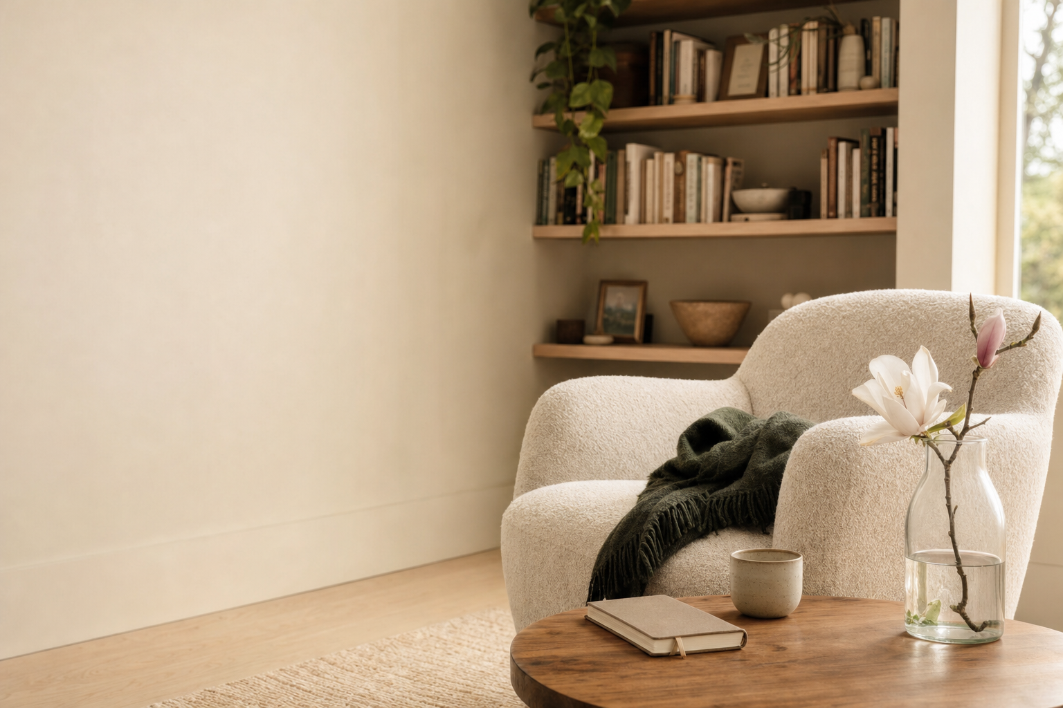 A calm chair and magnolia branch in a welcoming counseling space