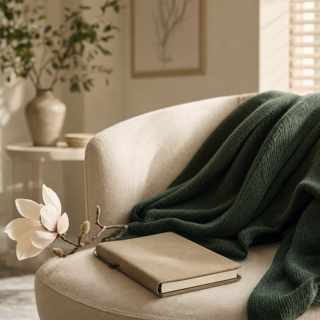 A magnolia branch, journal, and green blanket in a quiet room