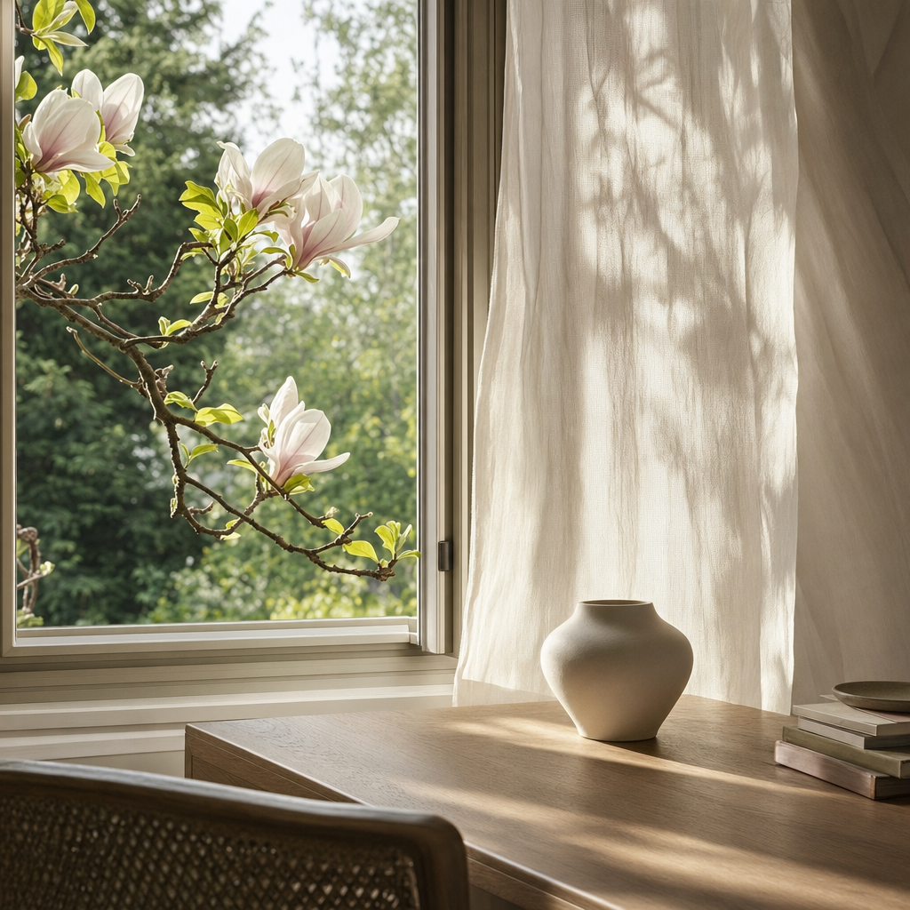 Magnolia blossoms by a sunlit window