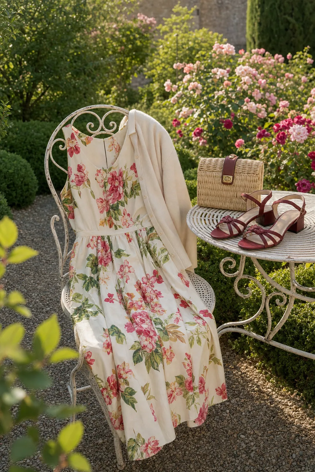 Floral midi dress, cardigan, woven bag and sandals arranged in a rose garden