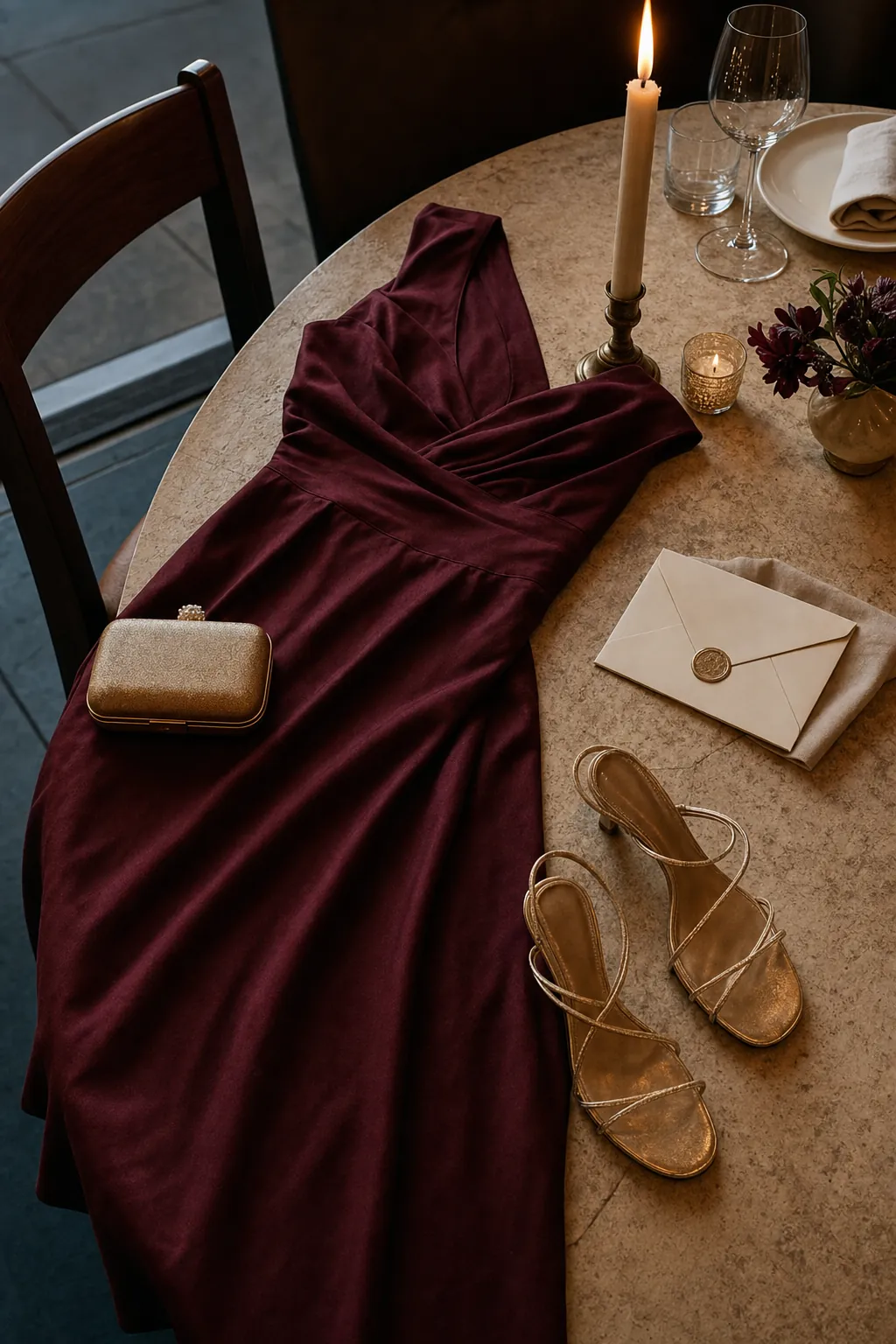Wine-colored midi dress, gold sandals and an evening bag arranged on a candlelit restaurant table