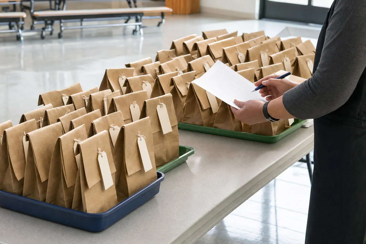 Organized paper lunch bags grouped in trays while a school staff member checks the expected delivery count.