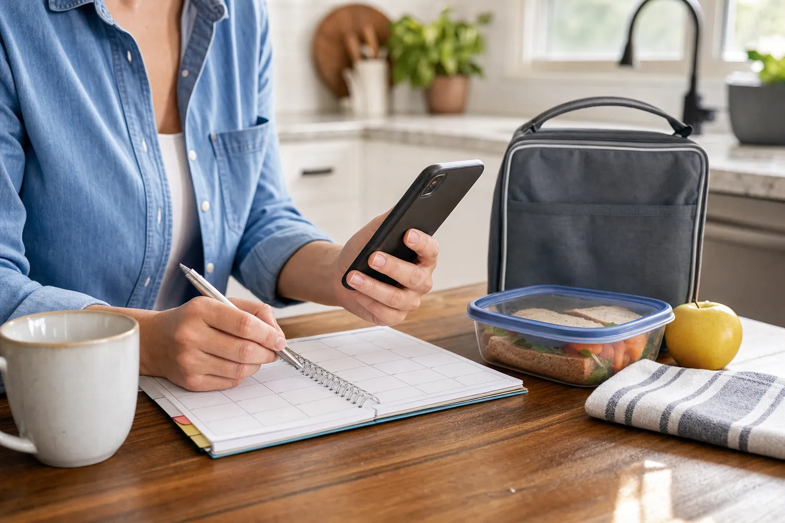 Parent checking a school lunch calendar on a smartphone beside a lunch bag and planner.