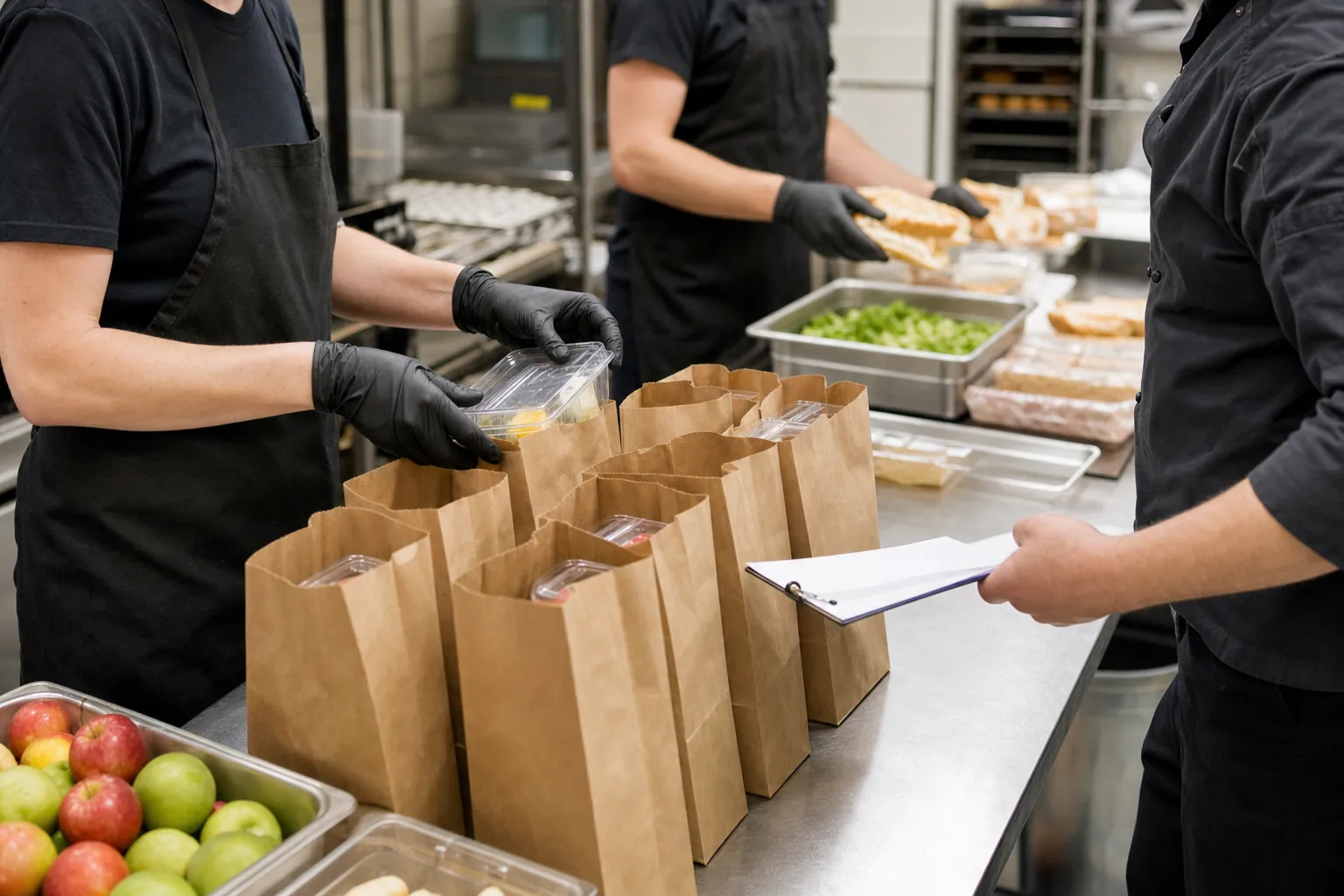 Restaurant kitchen staff packing individual lunches into plain paper bags for an organized school delivery.