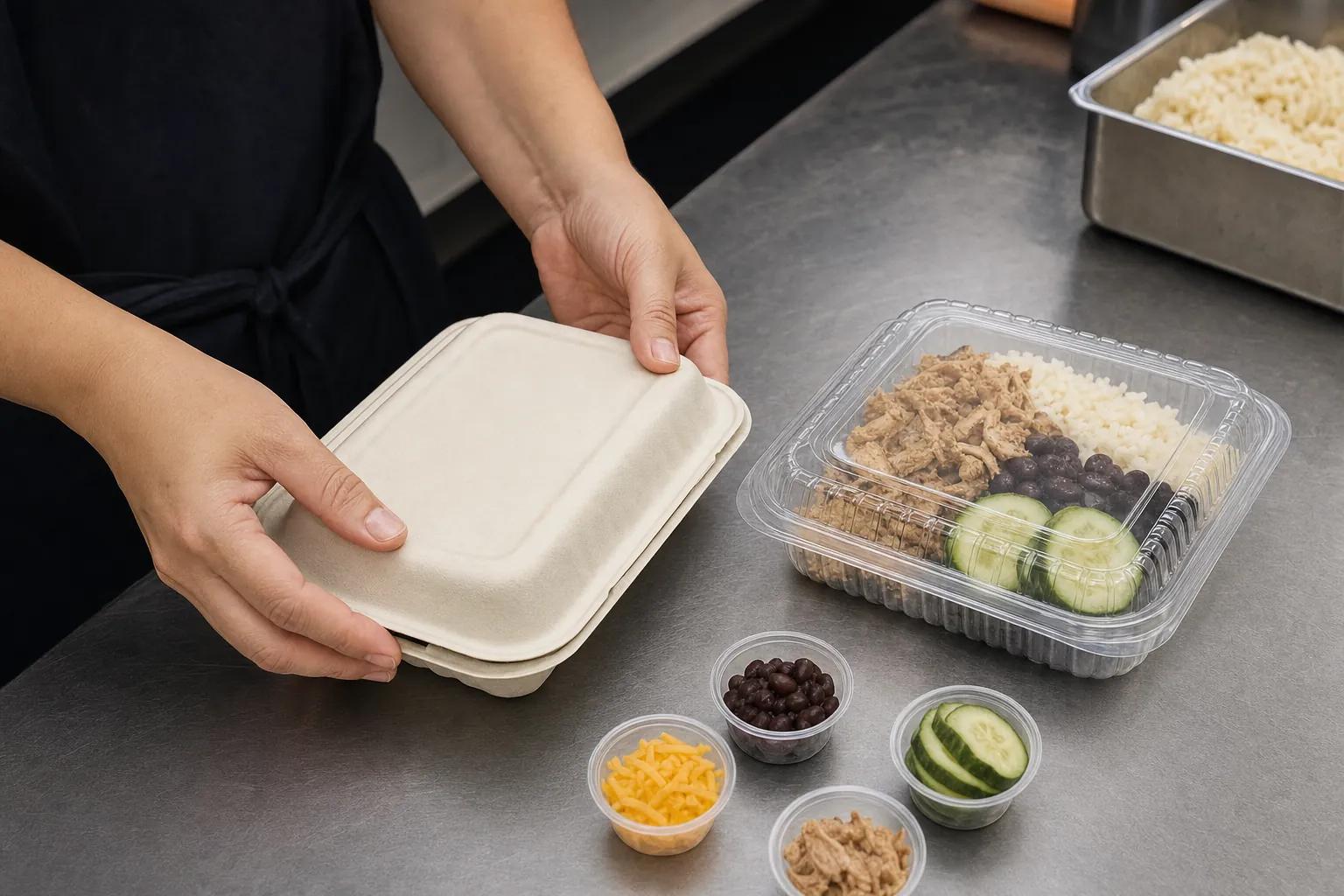 Restaurant team checking two food containers with a prepared school meal.
