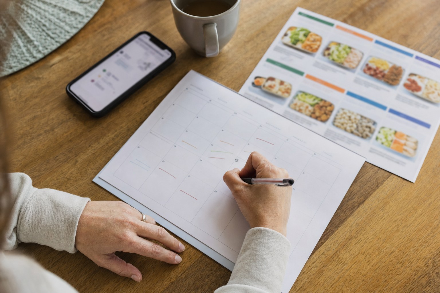 Parent marking a calendar beside a phone and a school lunch menu.
