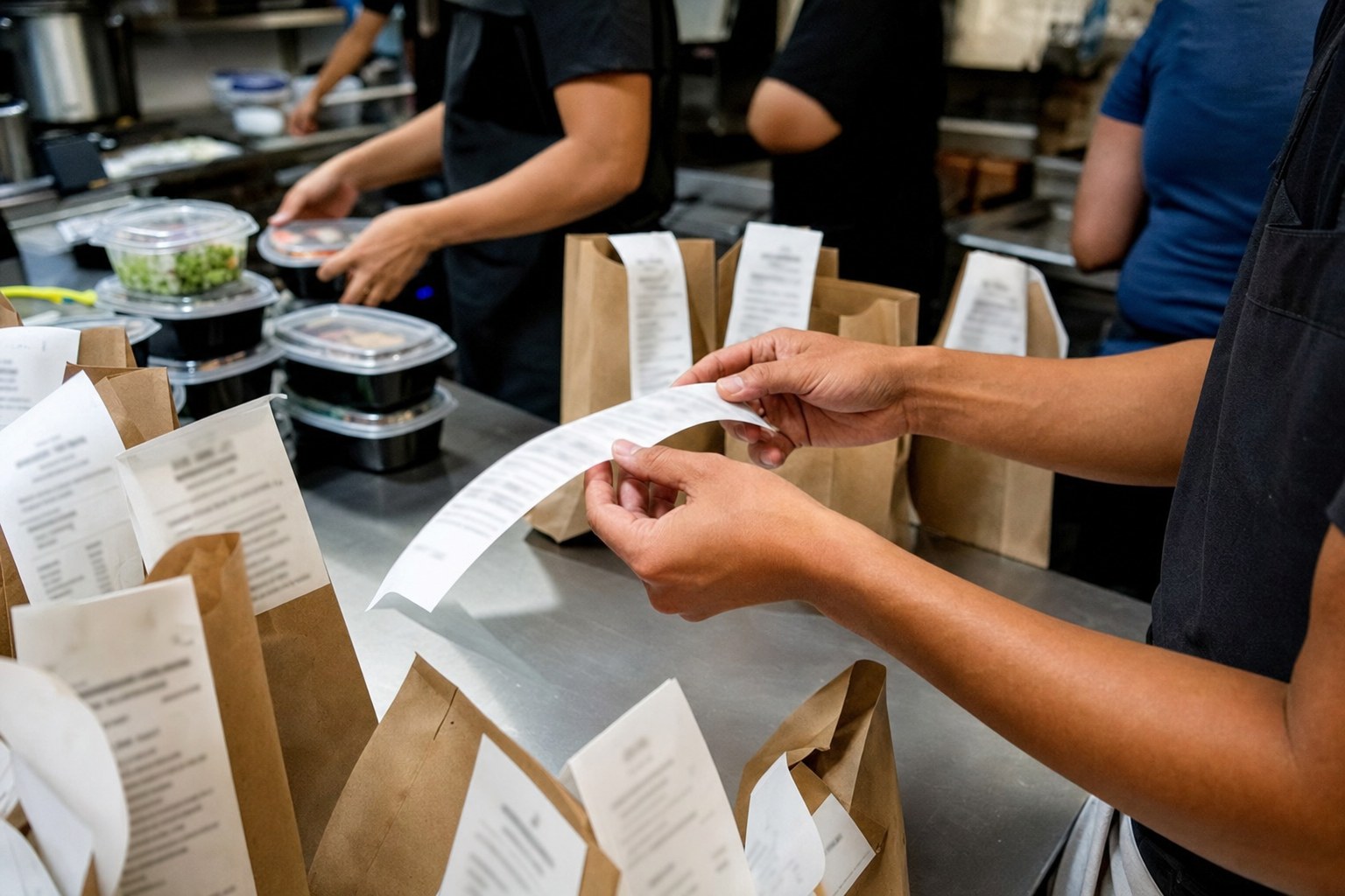 Restaurant staff organizing individual school lunch orders at a prep station.