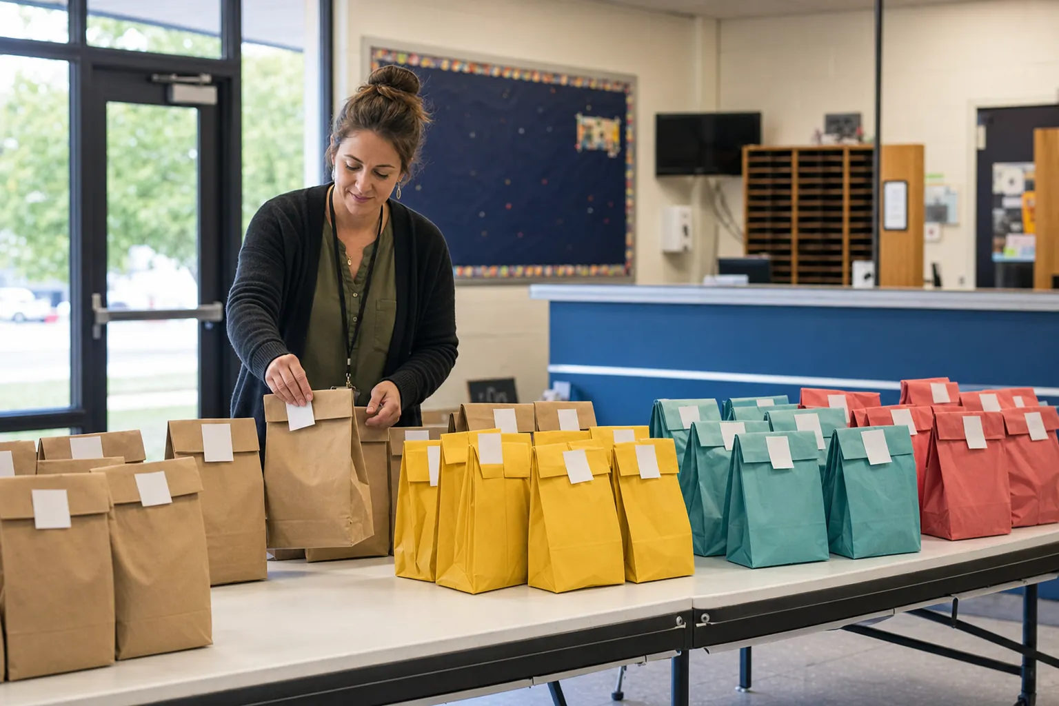 School staff member sorting labeled lunch bags into groups for lunchtime distribution.
