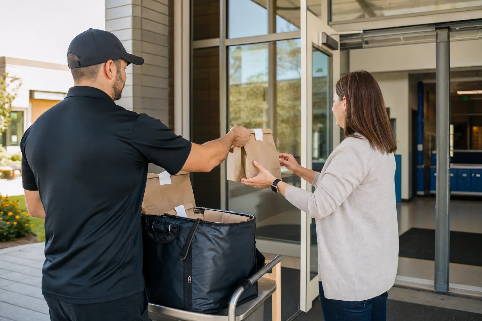 Delivery driver handing a labeled restaurant lunch bag to school staff at a school entrance.