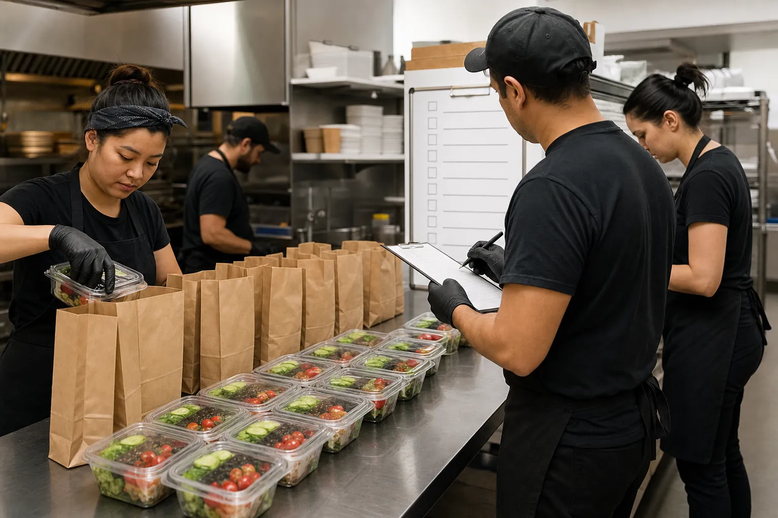 Restaurant team packing individually prepared school lunches and checking order counts in a kitchen.