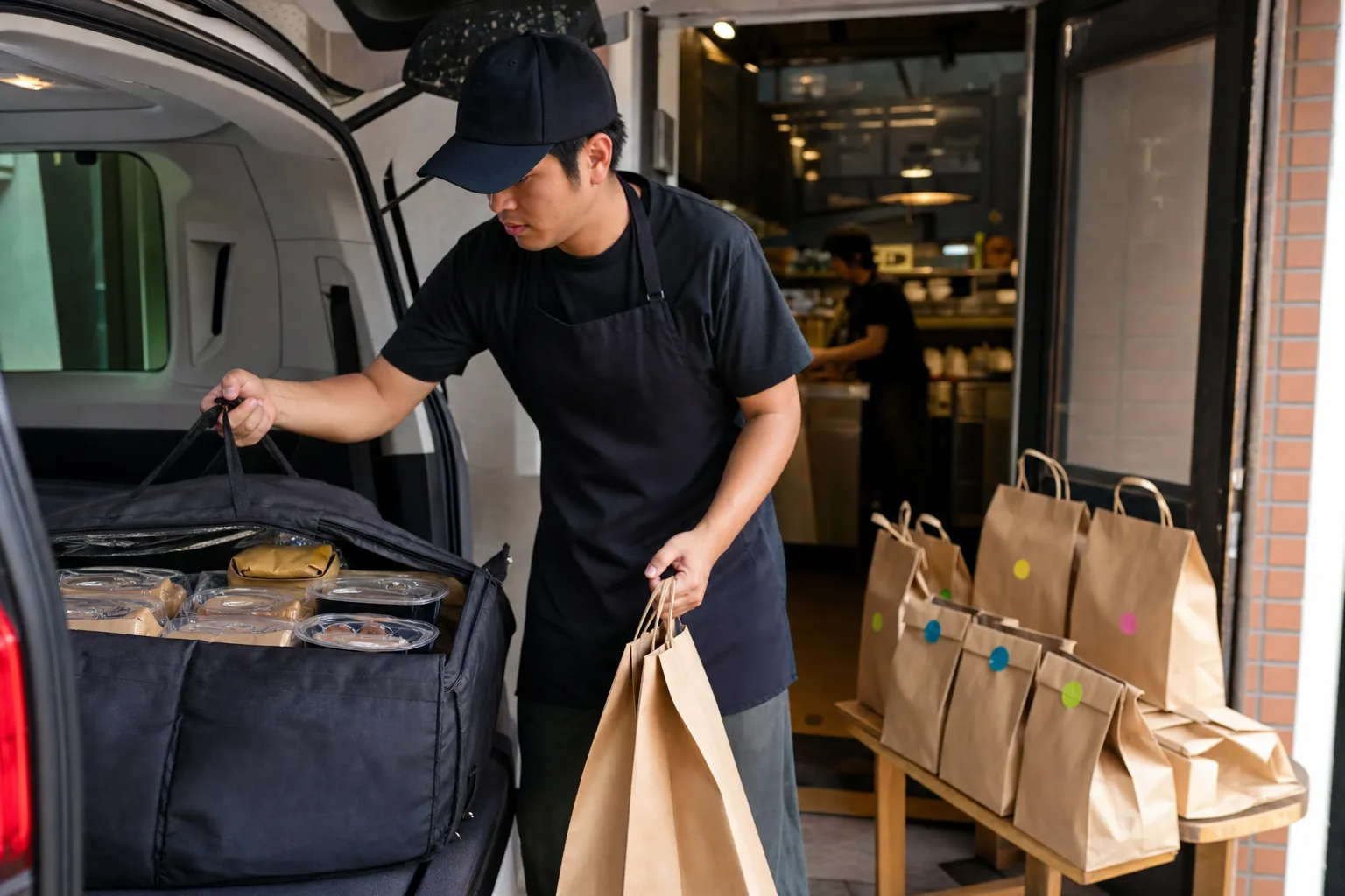 Restaurant worker loading packed school lunch bags and meal containers into an insulated delivery tote.