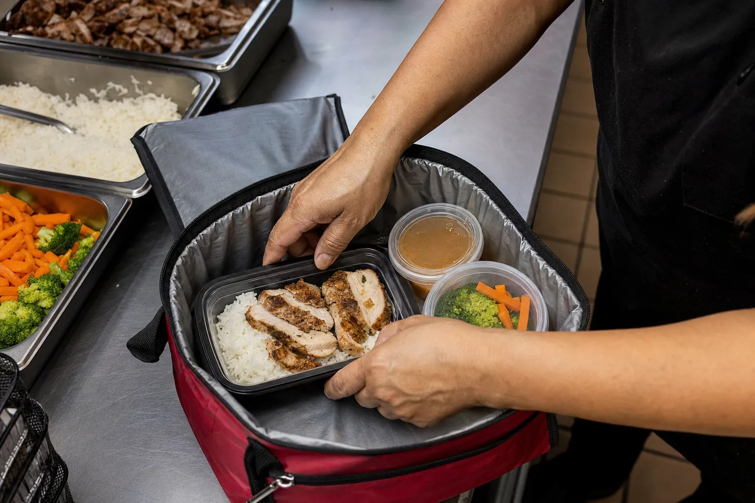 Restaurant worker arranging a prepared meal and sides inside an insulated delivery carrier.