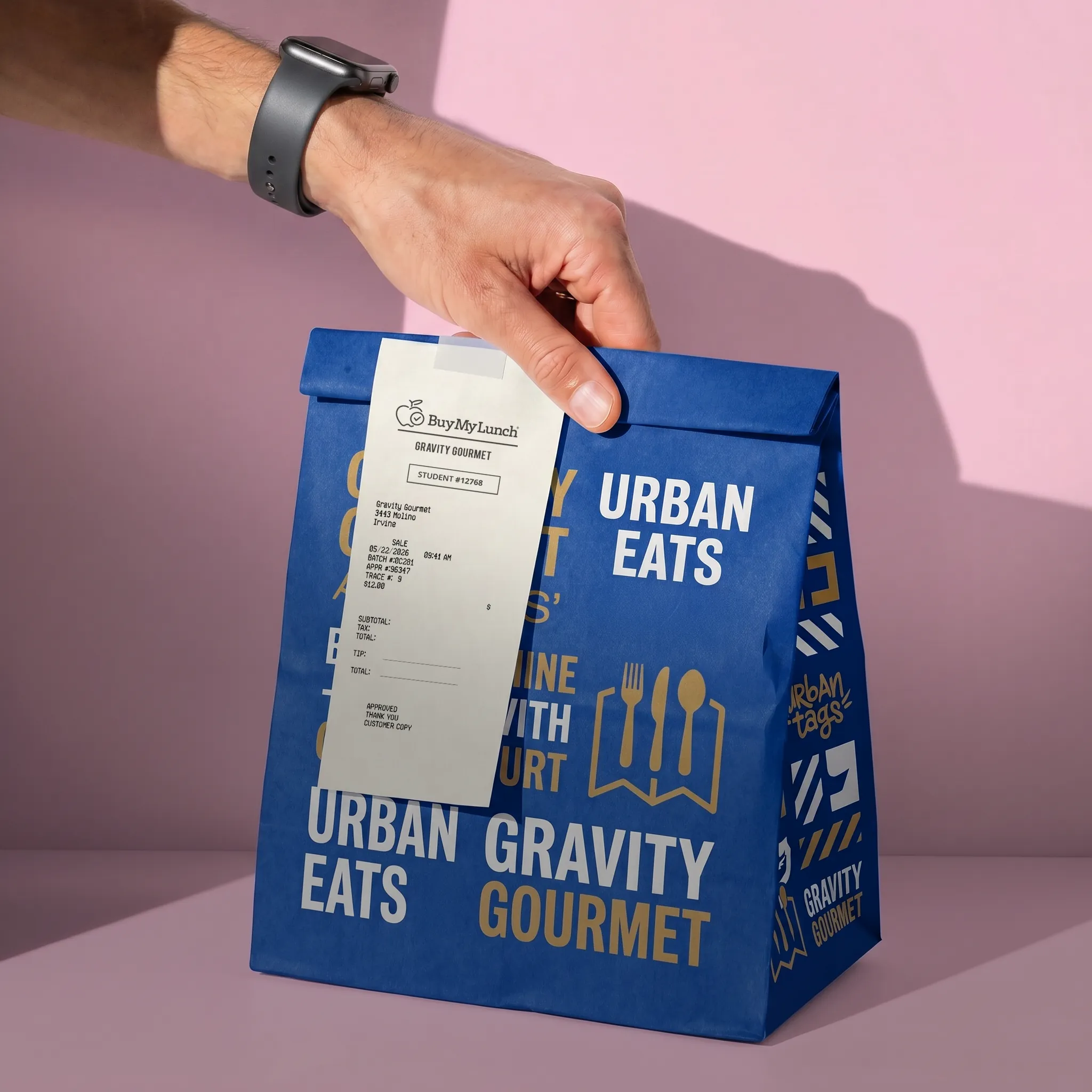 A Buy My Lunch restaurant bag with an order label