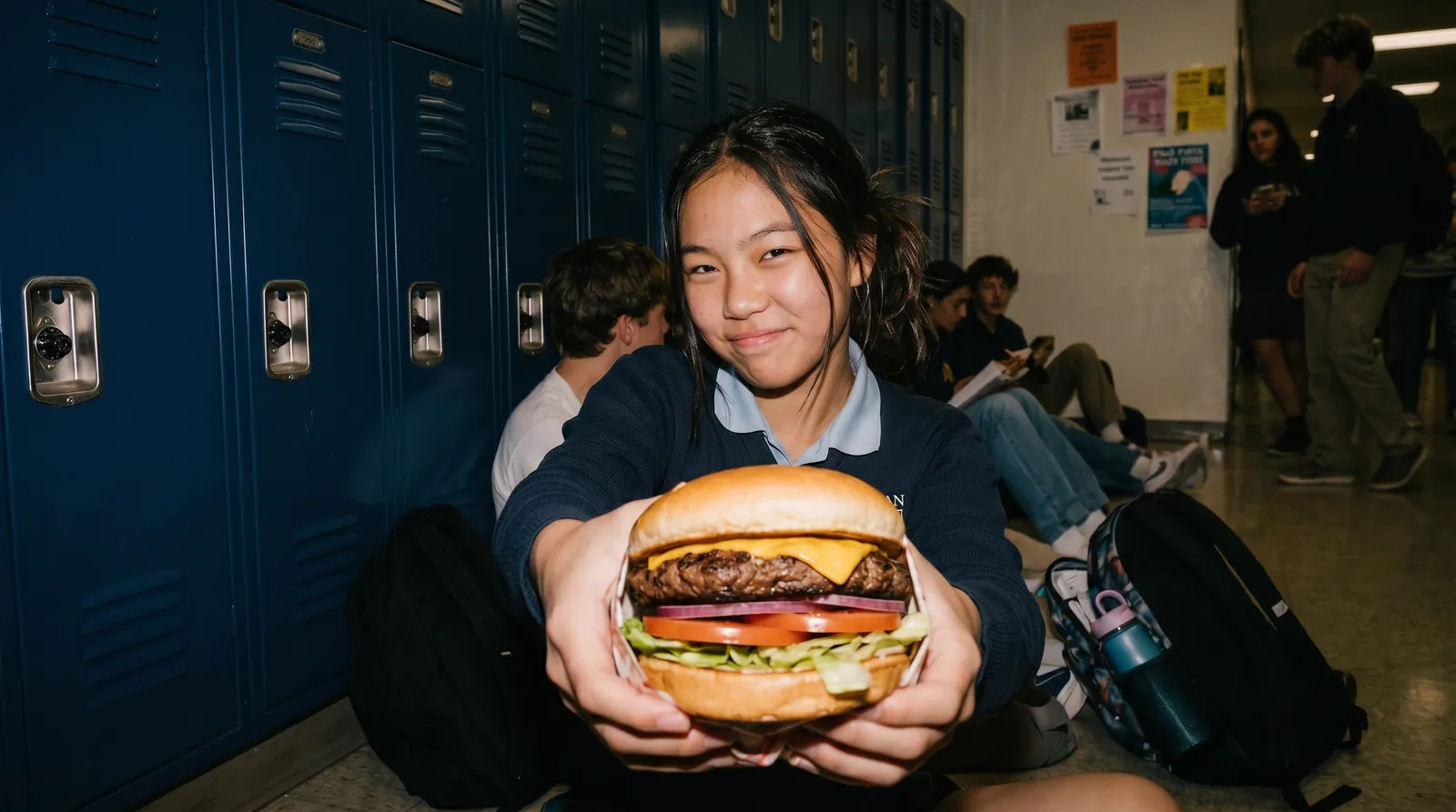 Student holding a burger in a school hallway