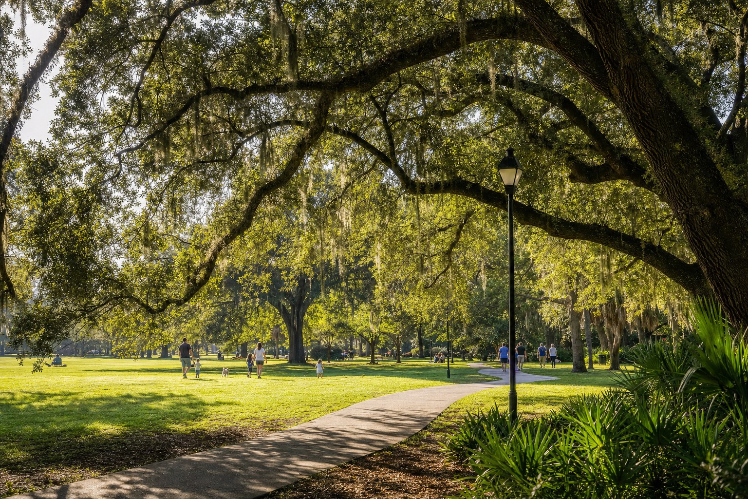 Sunlit Lowcountry green space beneath live oak trees